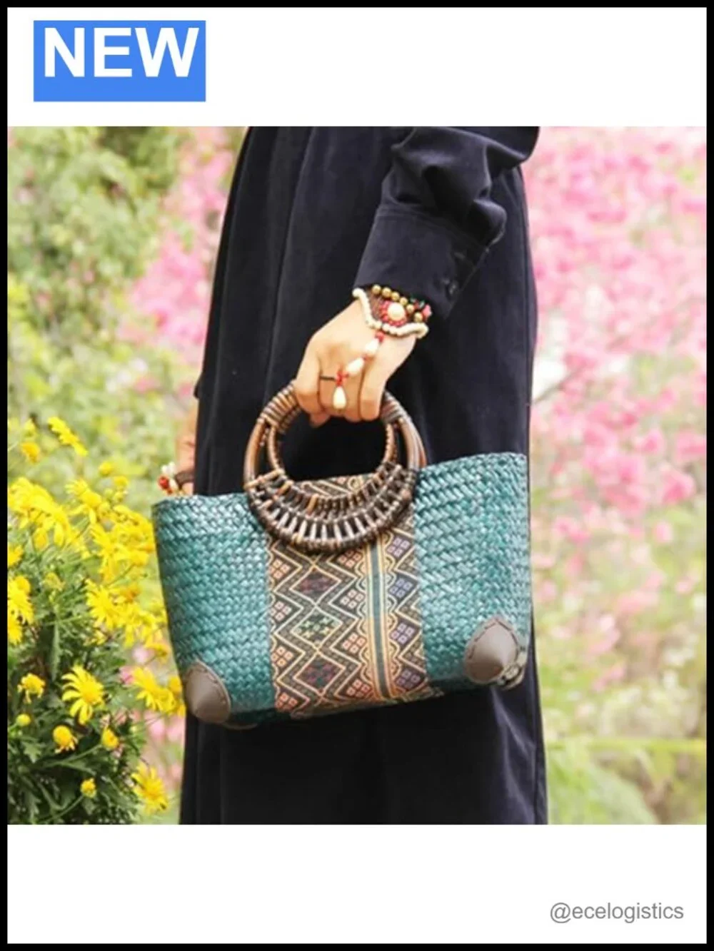 Handmade Rattan Tote Bag Women Straw Woven Beach Bag Bamboo Handle